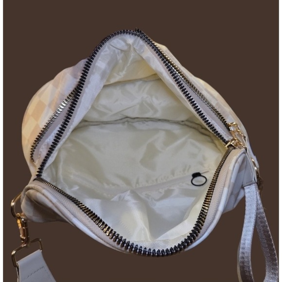 Beige Checkered Crossbody Bag Nylon Gold Hardware Adjustable Wide Strap Bum... - Picture 12 of 13